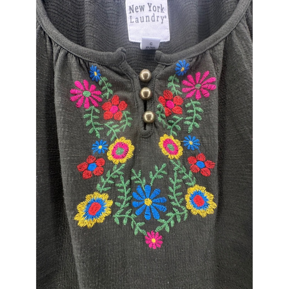 Womens Embroidered Floral Tie Front Top Green Boho Size L Festival Henley Style - Picture 2 of 11